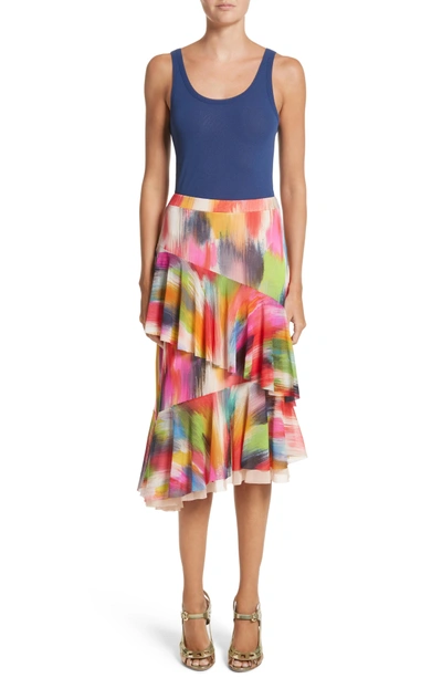 Shop Fuzzi Ruffle Print Tulle Midi Skirt In Multicolor