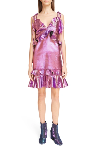 Shop Kenzo Metallic Ruffle Dress In Bright Purple