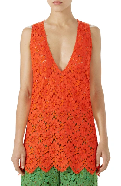 Shop Gucci Sheer Floral Lace Tank In Orange Flower Leaf