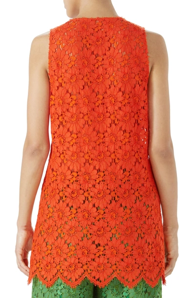 Shop Gucci Sheer Floral Lace Tank In Orange Flower Leaf