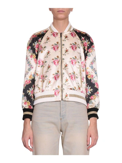 Shop Gucci Rose Print Silk Bomber In Multicolor