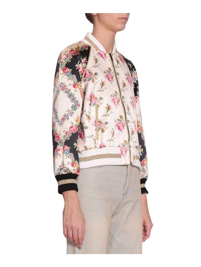 Shop Gucci Rose Print Silk Bomber In Multicolor