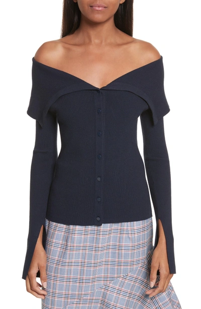 Shop Milly Off The Shoulder Ribbed Button Down Top In Navy