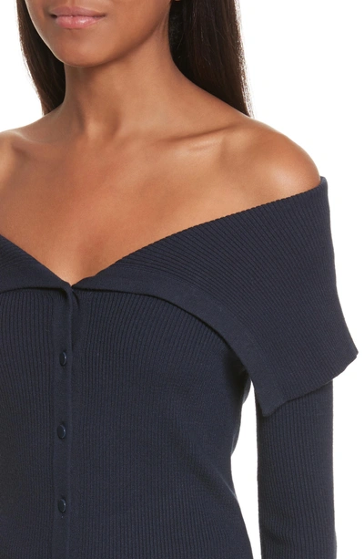 Shop Milly Off The Shoulder Ribbed Button Down Top In Navy