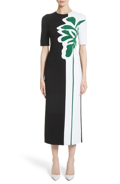 Shop Oscar De La Renta Intarsia Leaf Print Dress In White/ Black/ Evergreen