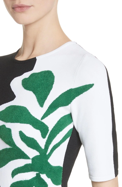Shop Oscar De La Renta Intarsia Leaf Print Dress In White/ Black/ Evergreen