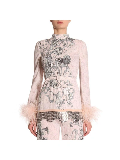 Shop Prada Top Sabl&eacute; Sweater With Peony Print With Metal And Feathers Details In Powder