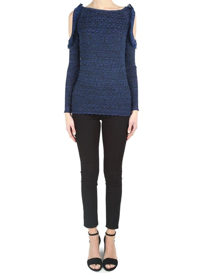 Shop Kenzo Cold-shoulders Ruffle-trim Lurex-knit Top In Blue