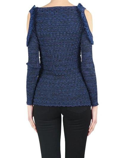 Shop Kenzo Cold-shoulders Ruffle-trim Lurex-knit Top In Blue