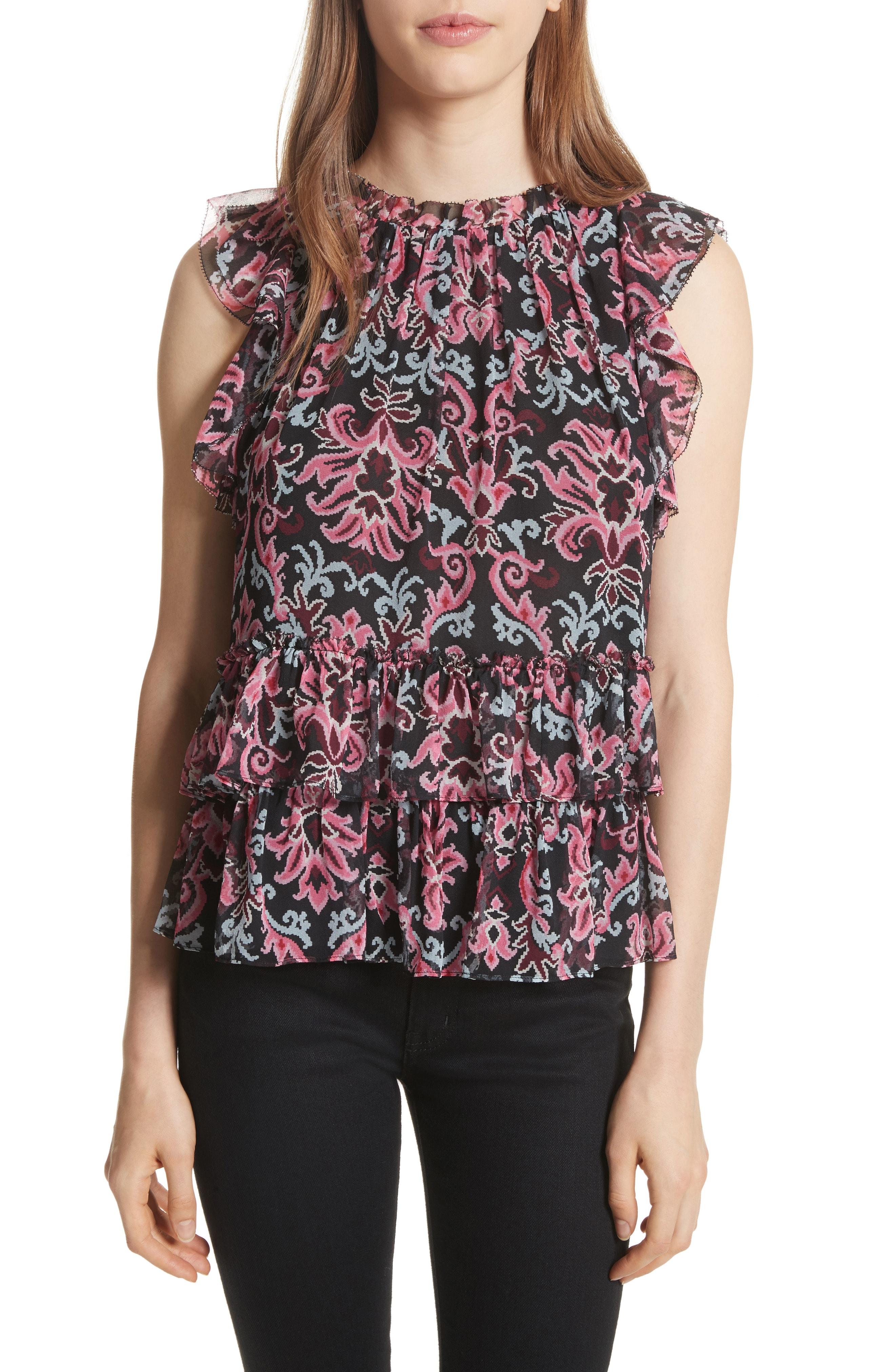 Kate Spade Tapestry Chiffon Sleeveless Ruffle Top In Black ModeSens