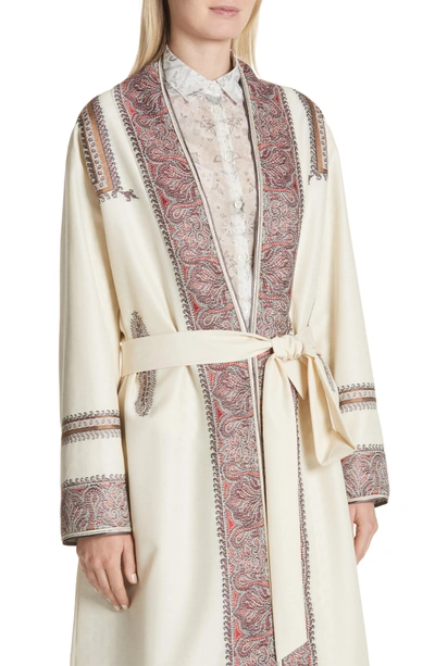 Shop Etro Metallic Embroidered Wrap Coat In White