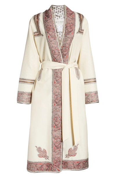 Shop Etro Metallic Embroidered Wrap Coat In White