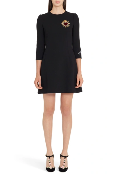 Shop Dolce & Gabbana Heart Patch Wool Crepe Dress In Black