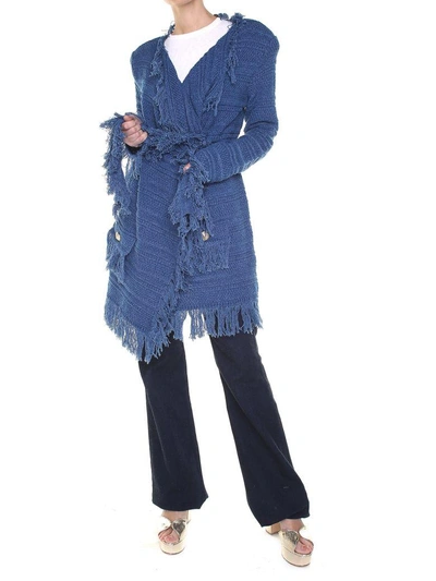 Shop Balmain Belted Cotton-knit Jacket In Blu