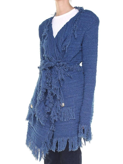 Shop Balmain Belted Cotton-knit Jacket In Blu