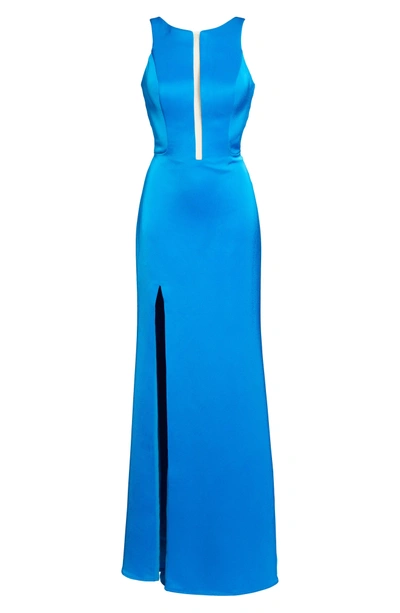 Shop La Femme Cage Back Satin Gown In Ocean Blue