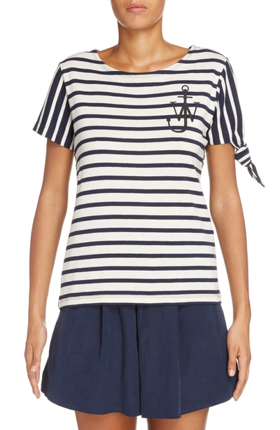 Shop Jw Anderson Multistripe Knot Sleeve Tee In Navy/ Off White