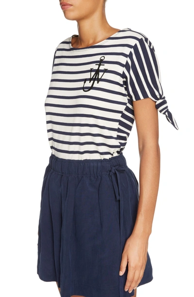 Shop Jw Anderson Multistripe Knot Sleeve Tee In Navy/ Off White