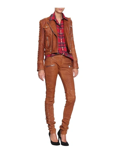Shop Balmain Leather Trousers In Marrone