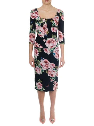 Shop Dolce & Gabbana Roses Printed Black Silk Dress