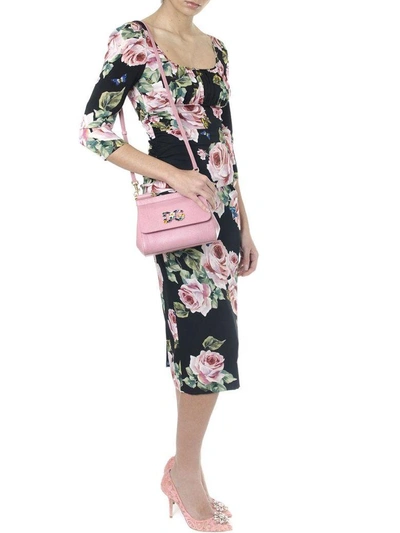 Shop Dolce & Gabbana Roses Printed Black Silk Dress