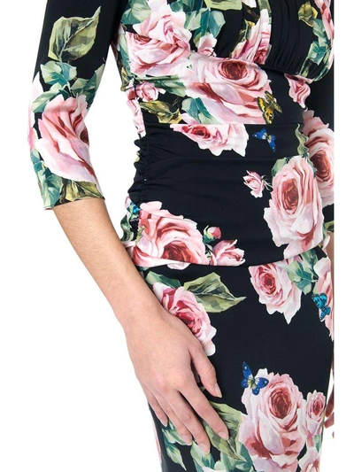 Shop Dolce & Gabbana Roses Printed Black Silk Dress