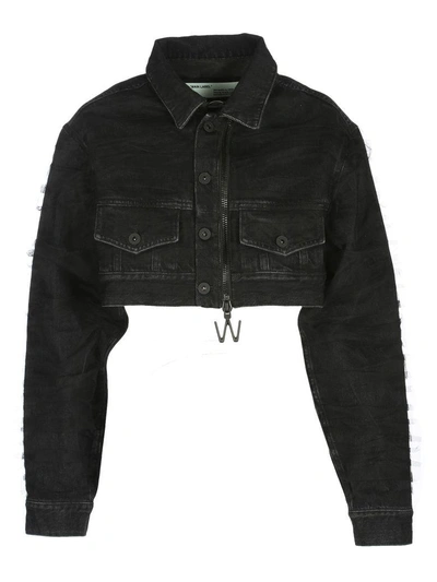 Shop Off-white Off White Cropped Denim Jacket Tulle In Black