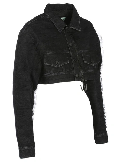 Shop Off-white Off White Cropped Denim Jacket Tulle In Black