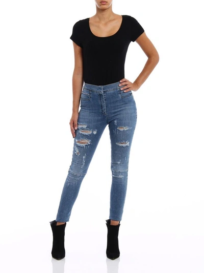 Shop Balmain Ripped High Waisted Skinny Jeans In Blue