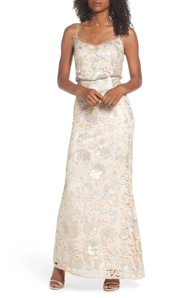 Shop Adrianna Papell Sequin Embellished Blouson Gown In Almond