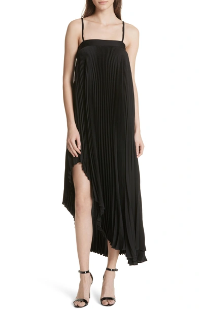 Shop Milly Irene Asymmetrical Pleated Silk Maxi Dress In Black