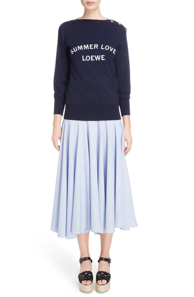 Shop Loewe Stripe Cotton Skater Skirt In White/ Blue