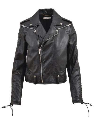 Shop Saint Laurent Lace Detail Motorcycle Jacket In Black
