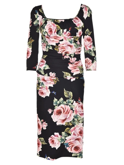 Shop Dolce & Gabbana Rose Print Dress In Nero