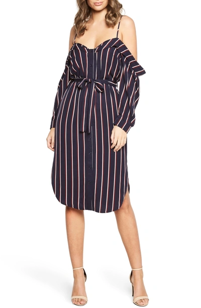 Shop Bardot Paloma Off The Shoulder Dress In Navy Stripe