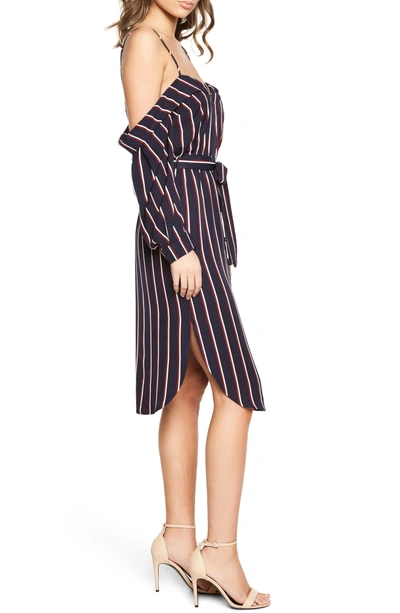 Shop Bardot Paloma Off The Shoulder Dress In Navy Stripe