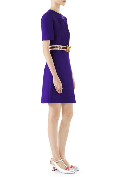 Shop Gucci Belted Pintuck Cady Crepe Dress In Bright Purple