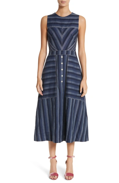 Shop Carolina Herrera Stripe Denim Midi Dress In Navy Stripe