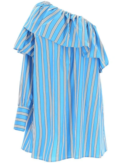 Shop Msgm Striped Cotton Dress In Azzurro (white)