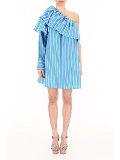 Shop Msgm Striped Cotton Dress In Azzurro (white)