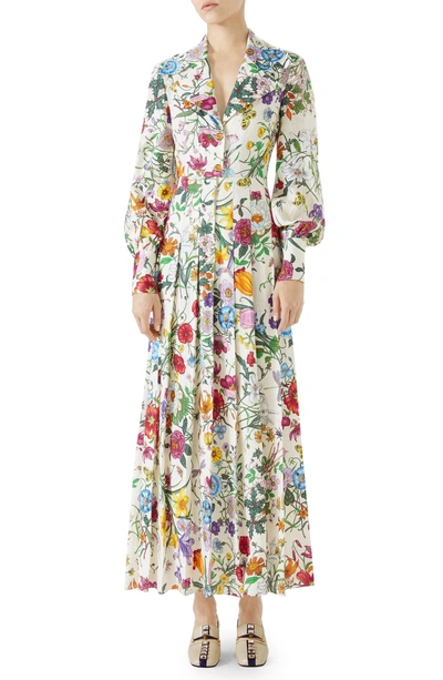 Shop Gucci Puff Sleeve Pleated Silk Dress In Ivory/ Multicolor Print