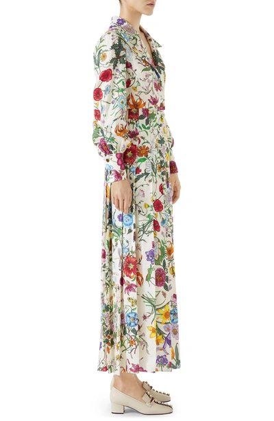 Shop Gucci Puff Sleeve Pleated Silk Dress In Ivory/ Multicolor Print