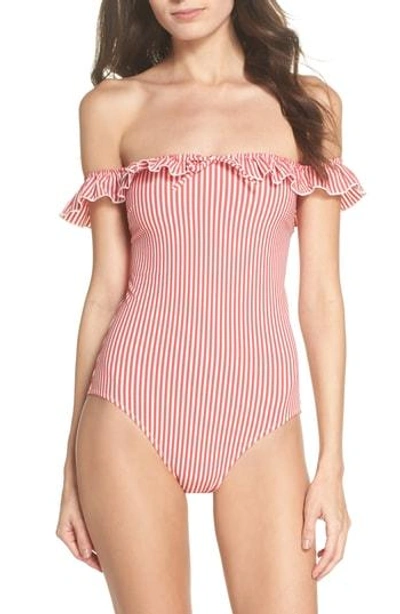 Shop Solid & Striped The Amelia Off The Shoulder One-piece Swimsuit In Red