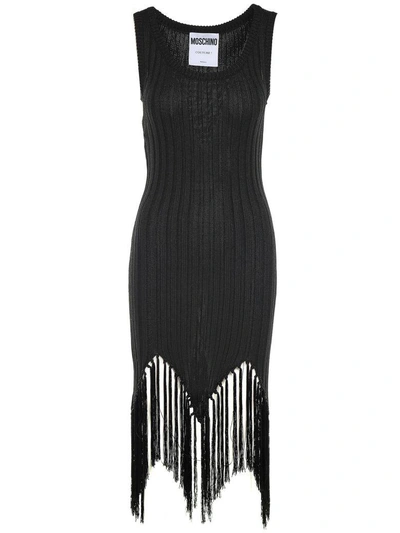 Shop Moschino Fringed Viscose Rib-knit Dress In Nero