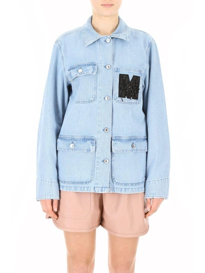Shop Msgm Denim Jacket With Embroidery In Azzurroblu