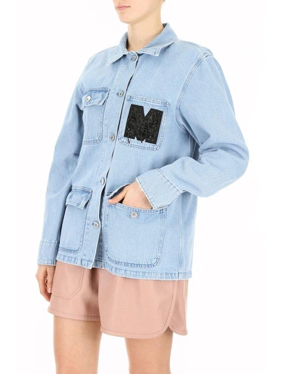 Shop Msgm Denim Jacket With Embroidery In Azzurroblu