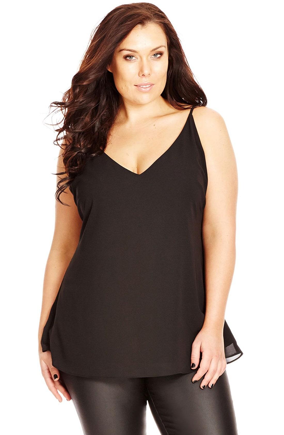 City Chic Double Layer V-neck Camisole Top In Black | ModeSens