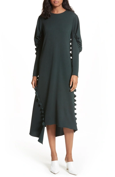 Shop Tibi Ruffled Crepe Knit Midi Dress In Spruce