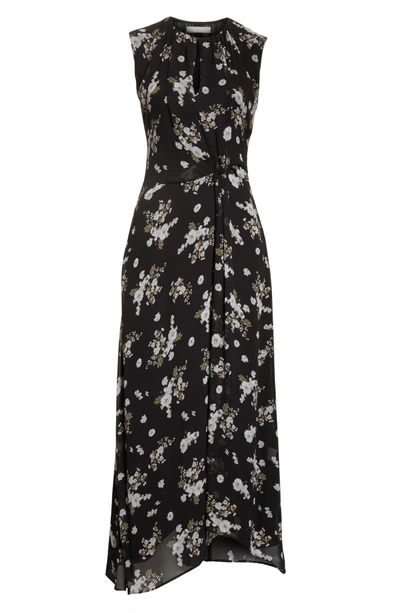 Shop Vince Tossed Floral Side Drape Silk Maxi Dress In Black
