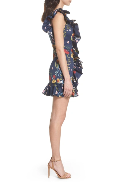 Shop C/meo Collective C/meo No Matter One-shoulder Ruffle Minidress In Navy Floral